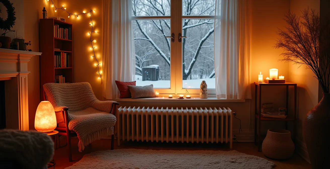 Intérieur chaleureux style Hygge avec multiples sources lumineuses douces pour l'hiver québécois