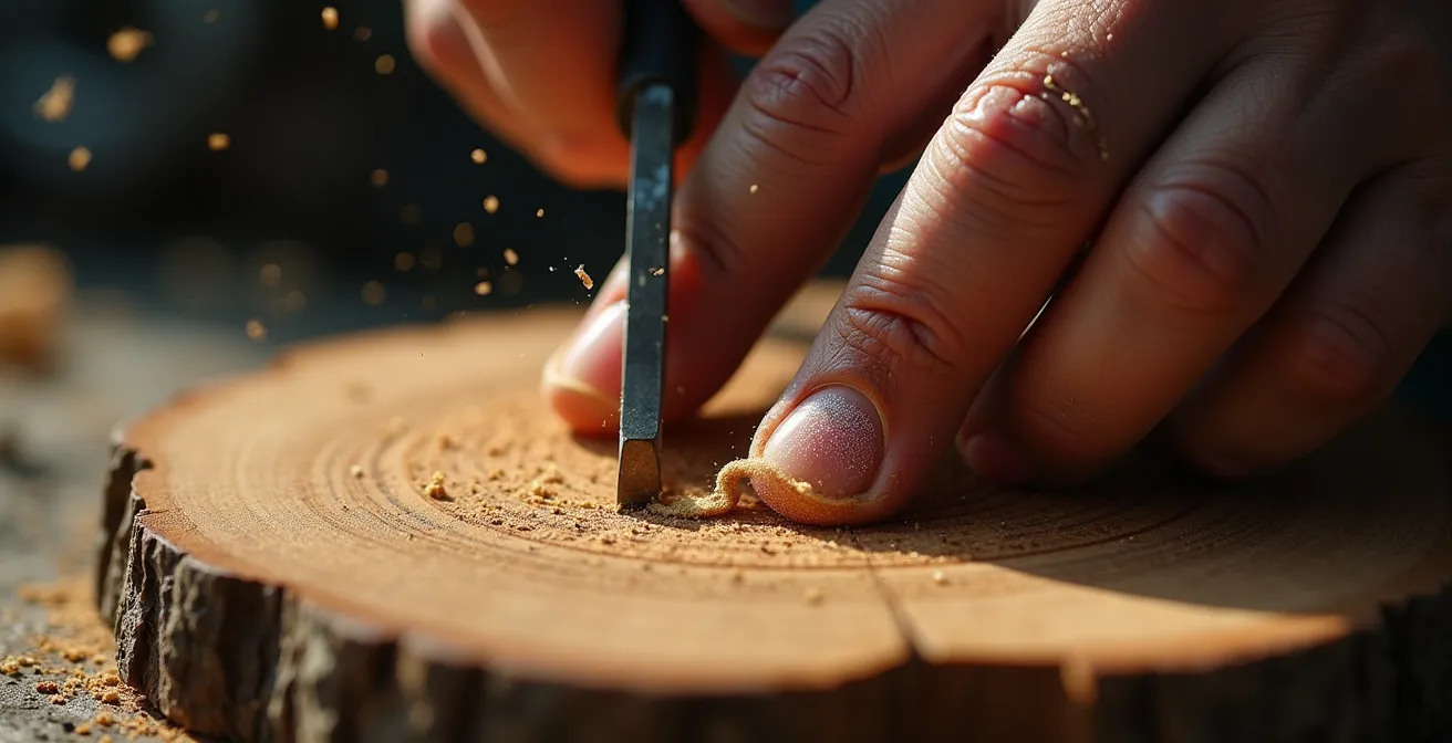 Gros plan macro sur les mains d'un ébéniste québécois sculptant un détail complexe dans du frêne de l'Estrie