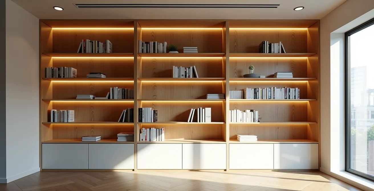 Bibliothèque contemporaine avec éclairage LED intégré créant des jeux d'ombres et de lumière sur des étagères alternées