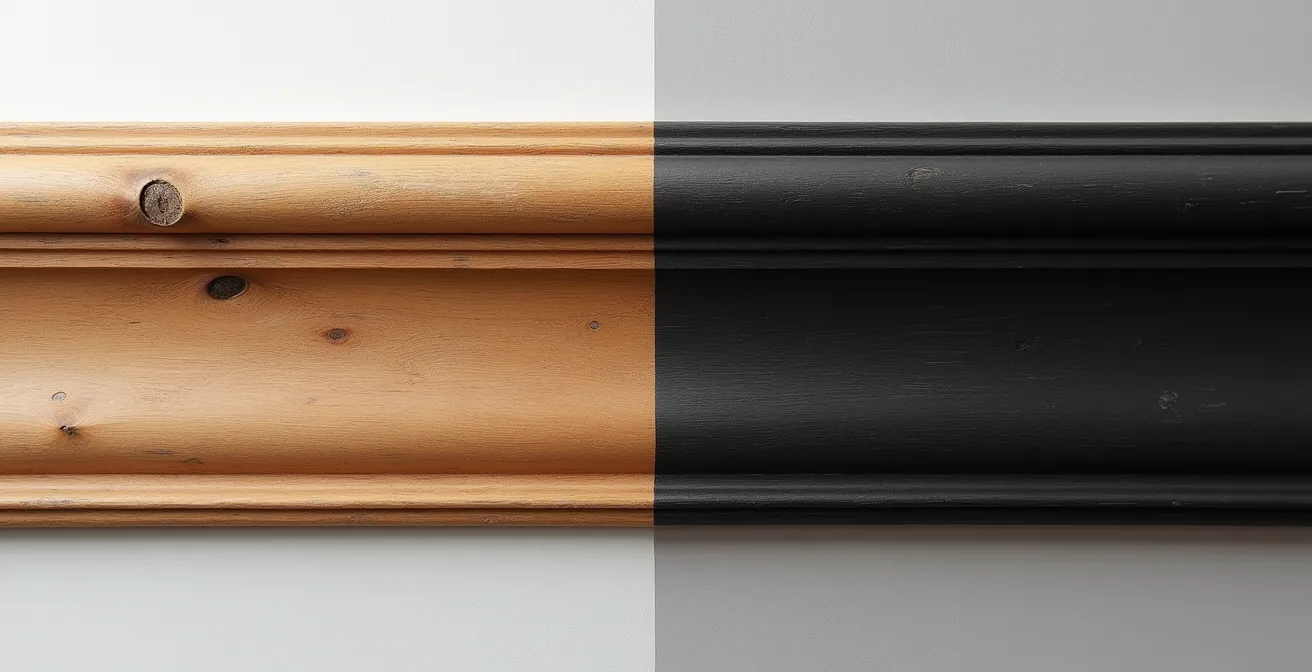 Mur de boiseries anciennes teintées en anthracite dans un plex montréalais rénové