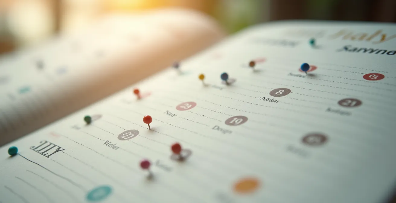 Vue macro d'un calendrier avec marquages pour planification d'installation de foyer