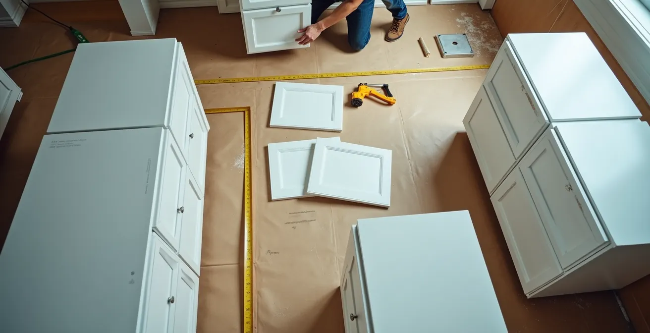 Vue aérienne d'une cuisine en cours de rénovation avec outils et matériaux organisés