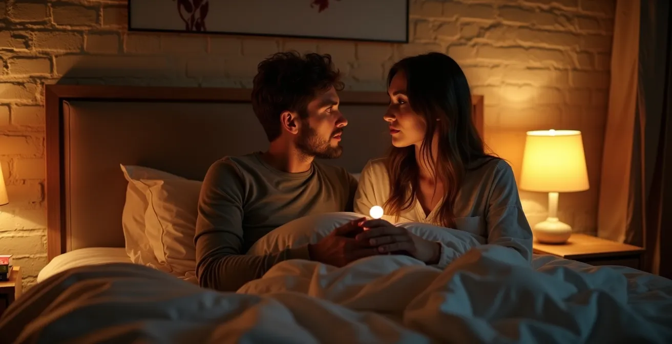 Couple dans une chambre apaisante sans écran, favorisant l'intimité et le dialogue