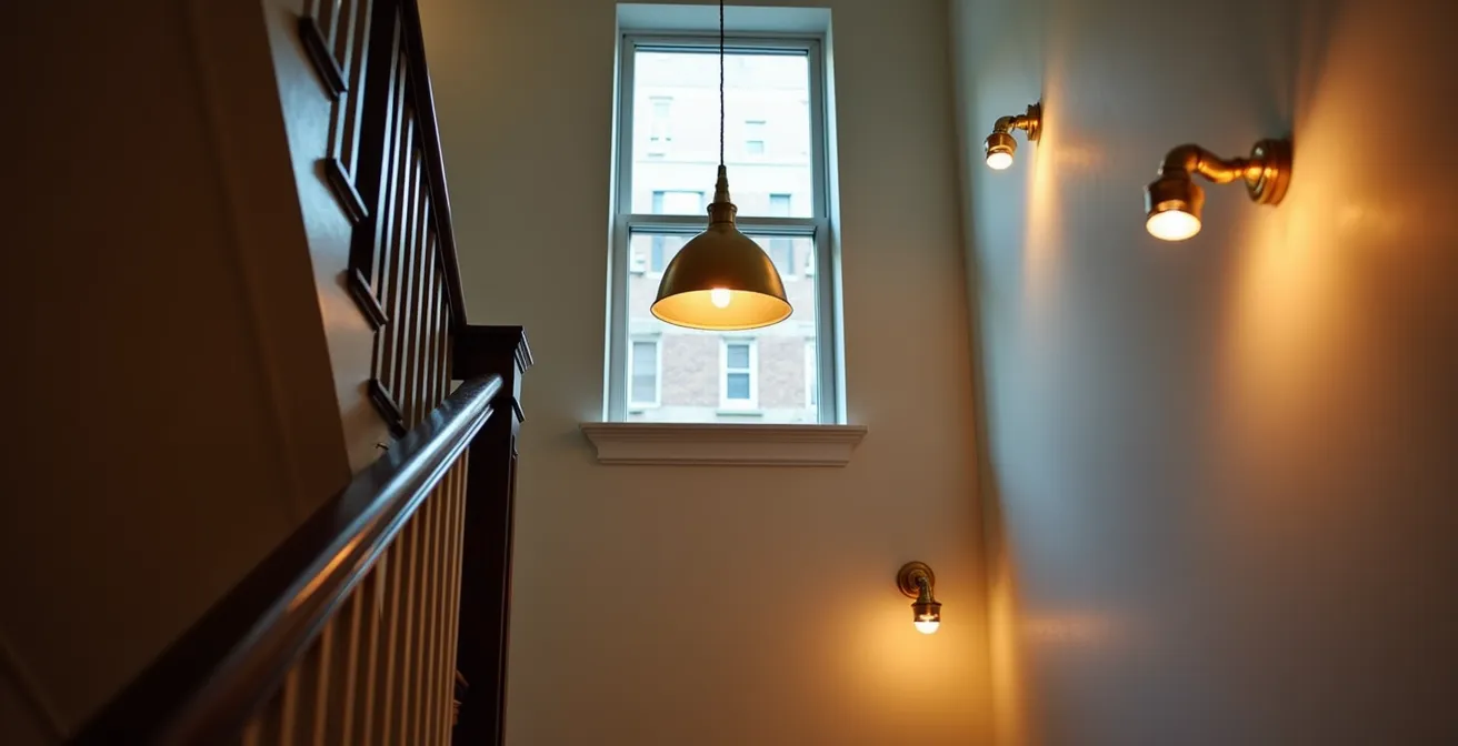 Cage d'escalier montréalaise avec luminaire sculptural central et déclinaisons harmonieuses aux différents étages