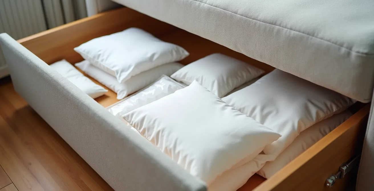 Coffre de rangement sous canapé-lit ouvert avec literie soigneusement rangée