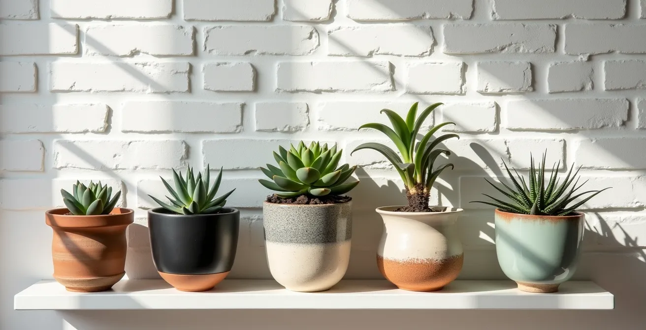 Collection de cache-pots en céramique de différentes textures harmonieusement arrangés