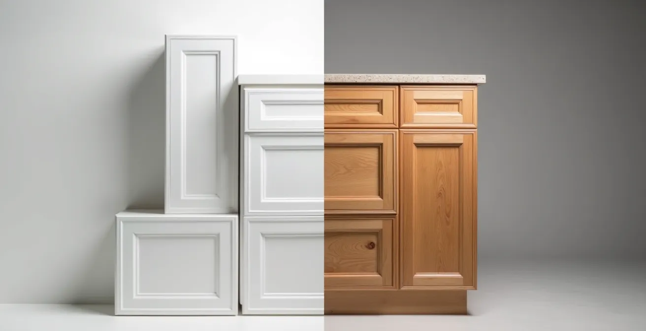 Comparaison visuelle entre caissons IKEA standards et armoires sur mesure d'ébéniste québécois