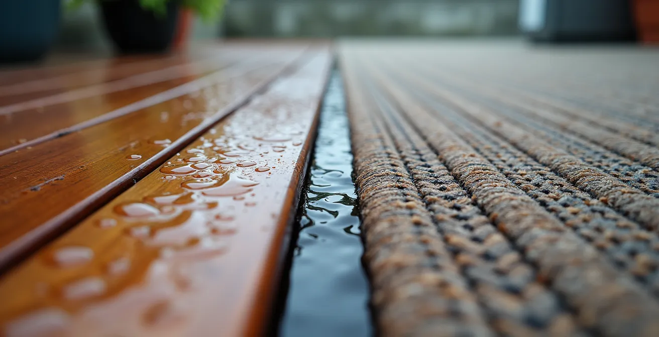 Comparaison visuelle entre dalles de bois et tapis d'extérieur sur balcon montréalais