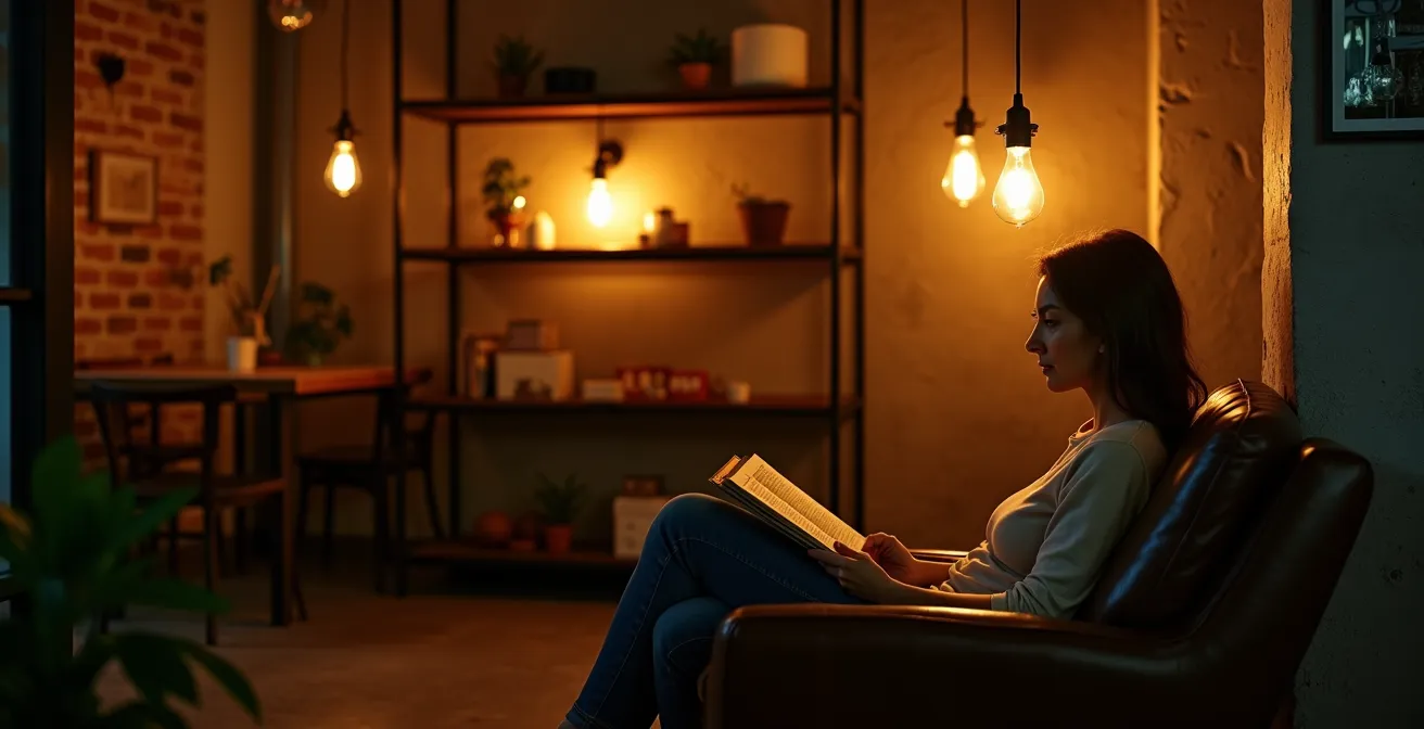 Suspension industrielle avec ampoule LED vintage dans un intérieur béton et métal montrant la qualité de lumière chaude