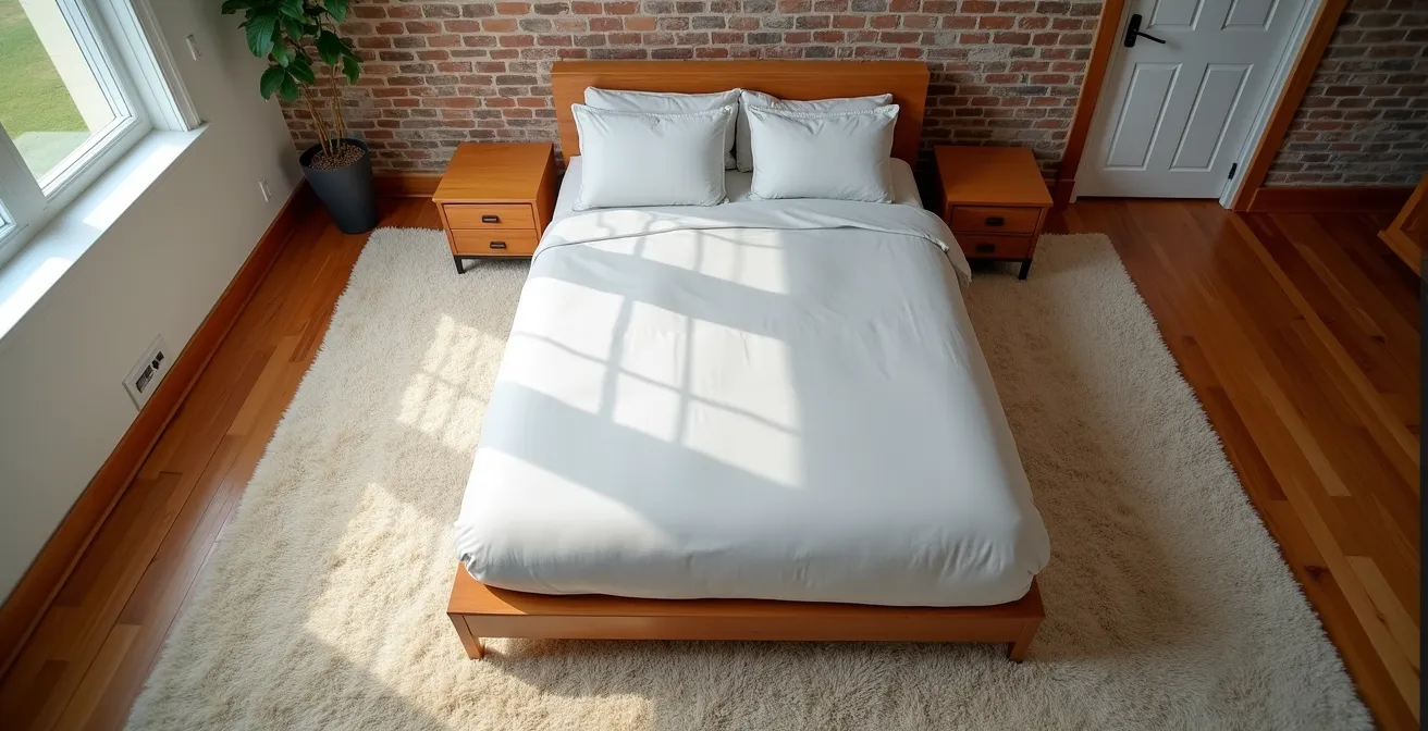 Vue aérienne d'une chambre de condo montréalais montrant le placement optimal d'un grand tapis sous un lit Queen