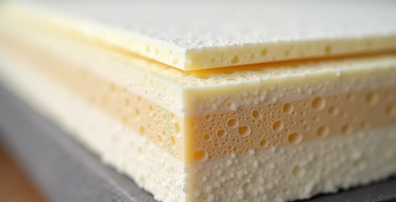 Vue en coupe d'un matelas de canapé-lit montrant les différentes couches de mousse