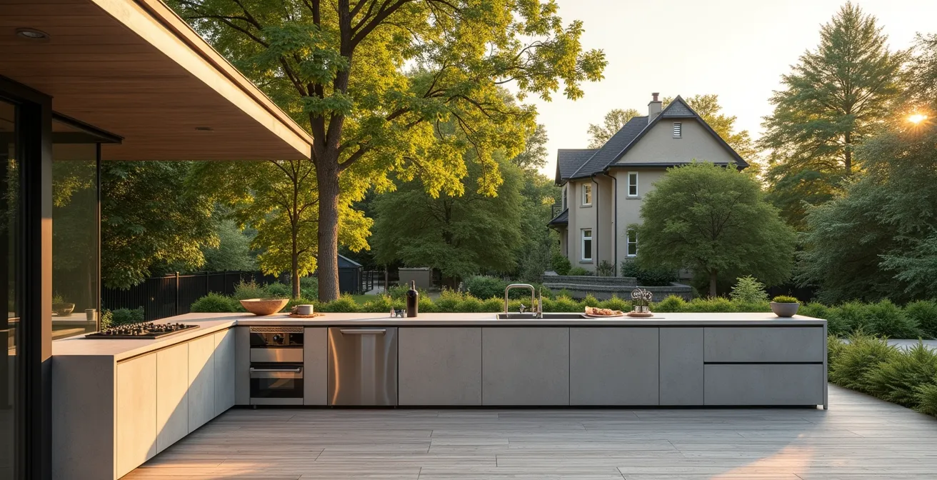 Cuisine extérieure avec comptoir résistant aux intempéries dans un jardin québécois