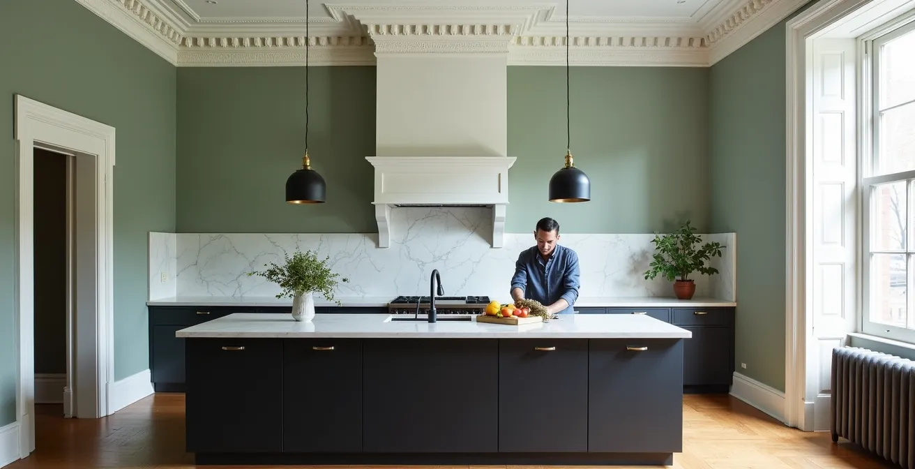 Cuisine contemporaine intégrée dans une pièce avec moulures de plafond victoriennes préservées