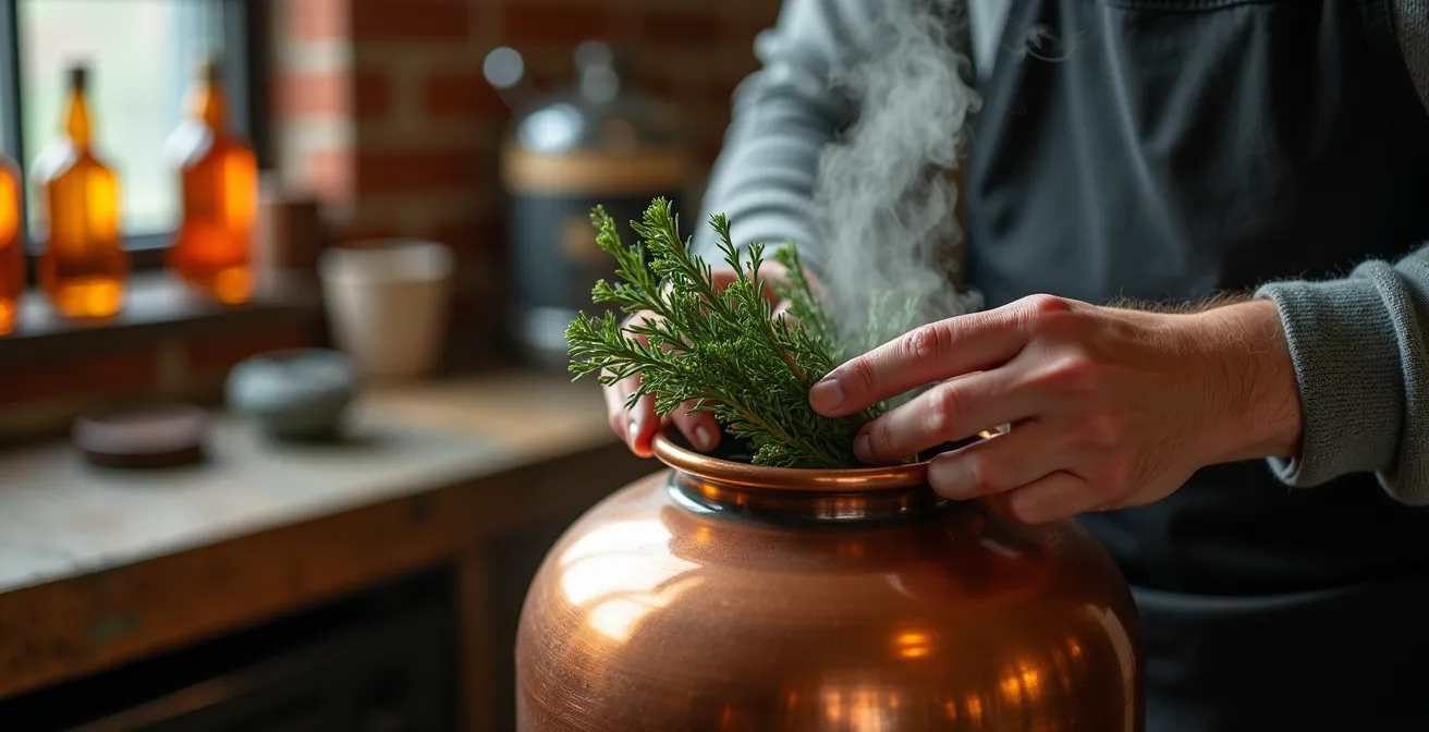 Processus de distillation artisanale d'huiles essentielles de conifères québécois avec alambic traditionnel