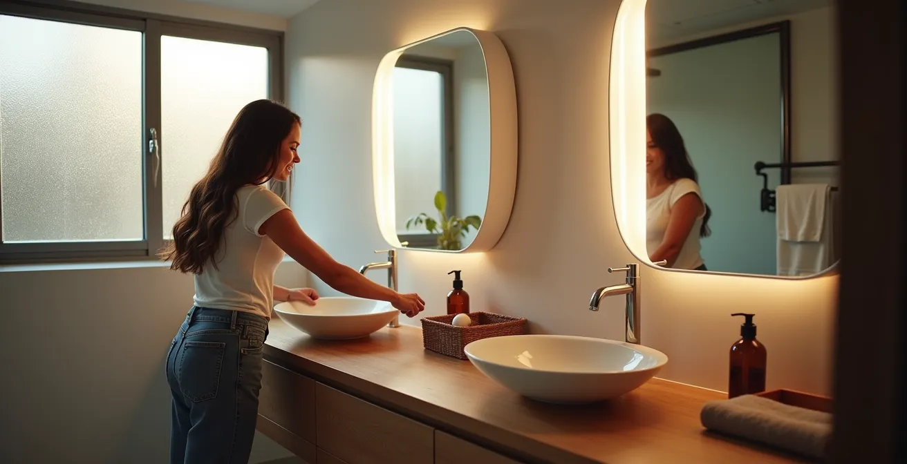 Salle de bain avec double vasque et zones d'éclairage séparées pour deux personnes