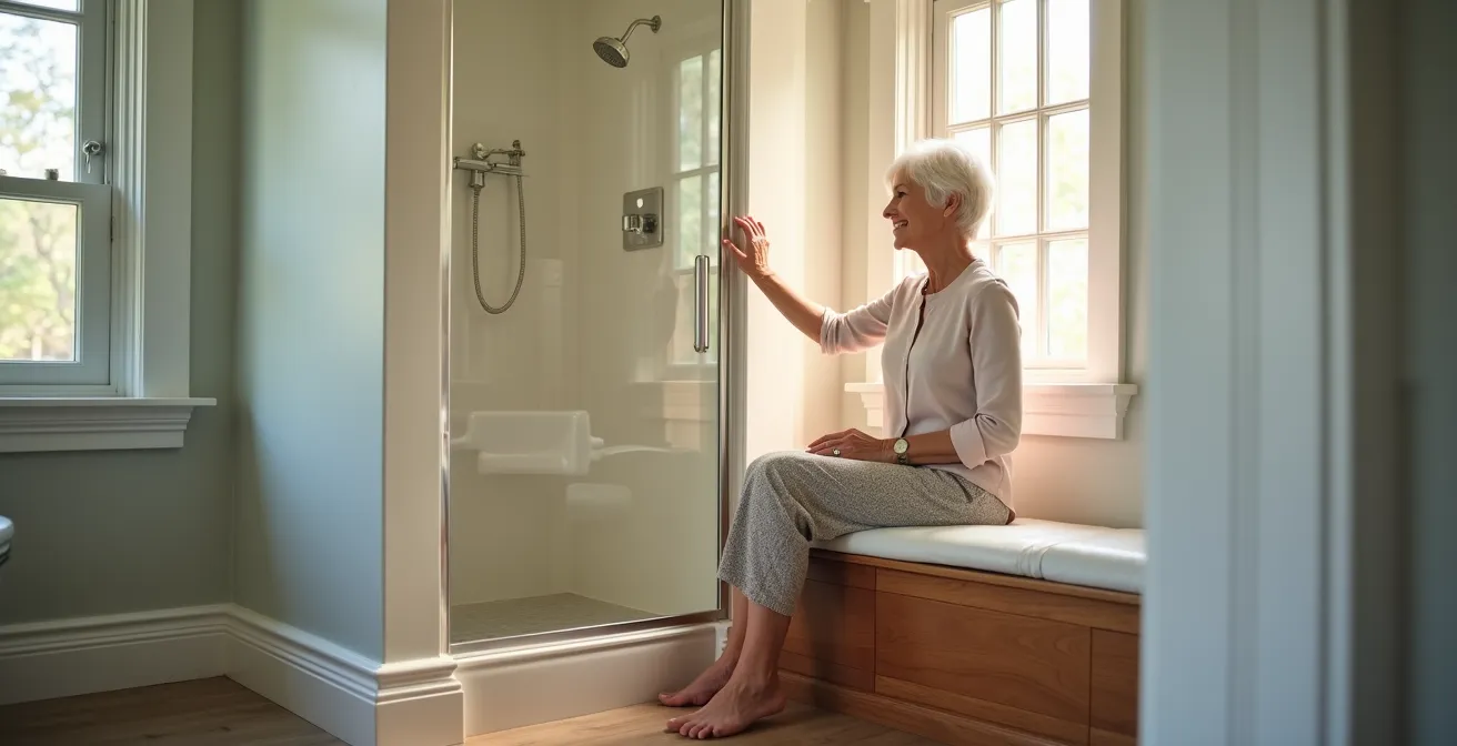 Douche italienne spacieuse avec banc intégré et barres d'appui élégantes