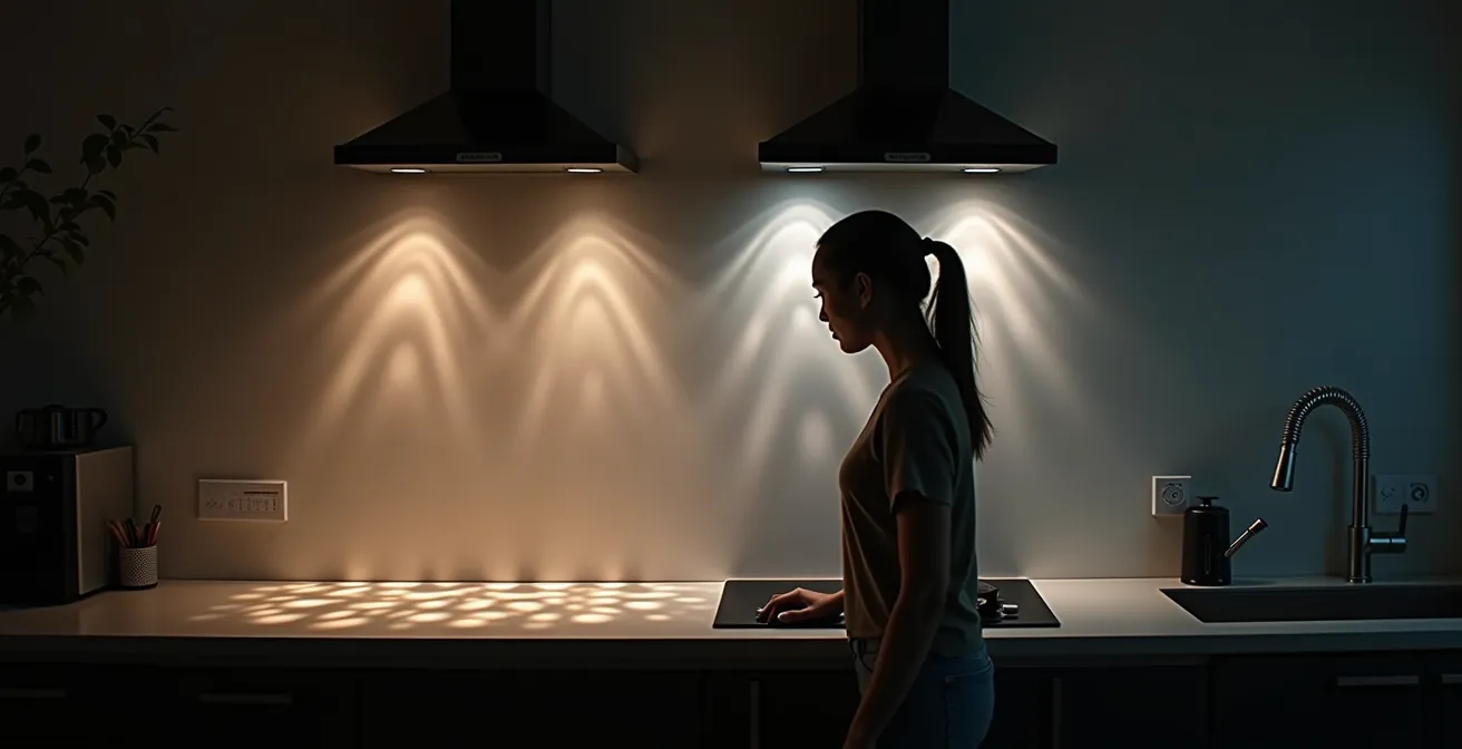 Vue latérale montrant le positionnement correct des spots au plafond pour éviter les ombres