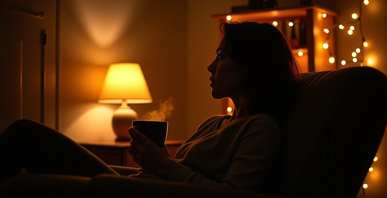 Salon avec plusieurs sources de lumière douce sans plafonnier visible