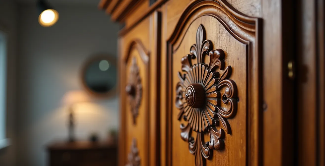 Détail d'un meuble antique québécois mis en valeur par un éclairage contemporain sur rail