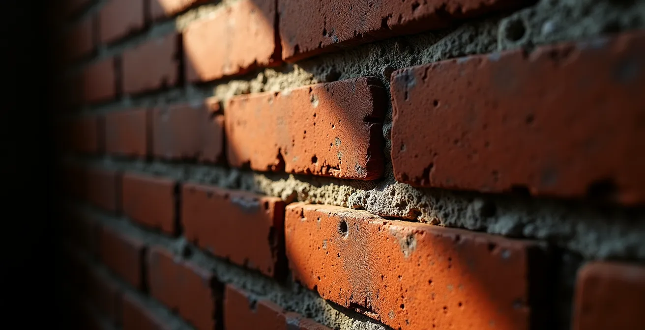 Mur de briques rouges typique de Montréal éclairé par lumière rasante chaude mettant en valeur sa texture
