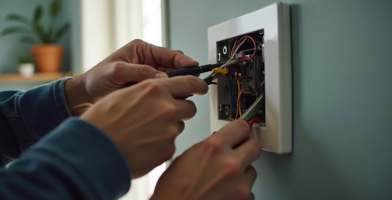 Mains d'électricien travaillant sur un boîtier de thermostat mural avec fils électriques