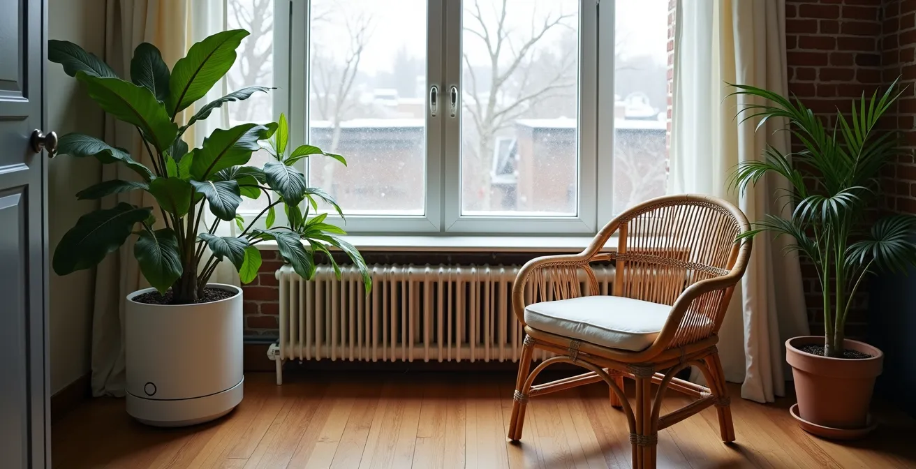 Fauteuil en rotin dans un intérieur montréalais avec plantes et humidificateur discret