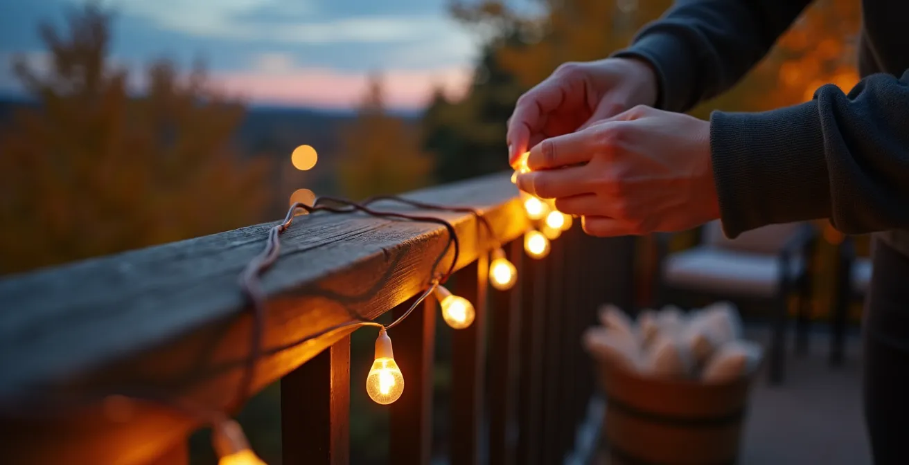 Installation de guirlandes LED avec prise extérieure sécuritaire sur balcon