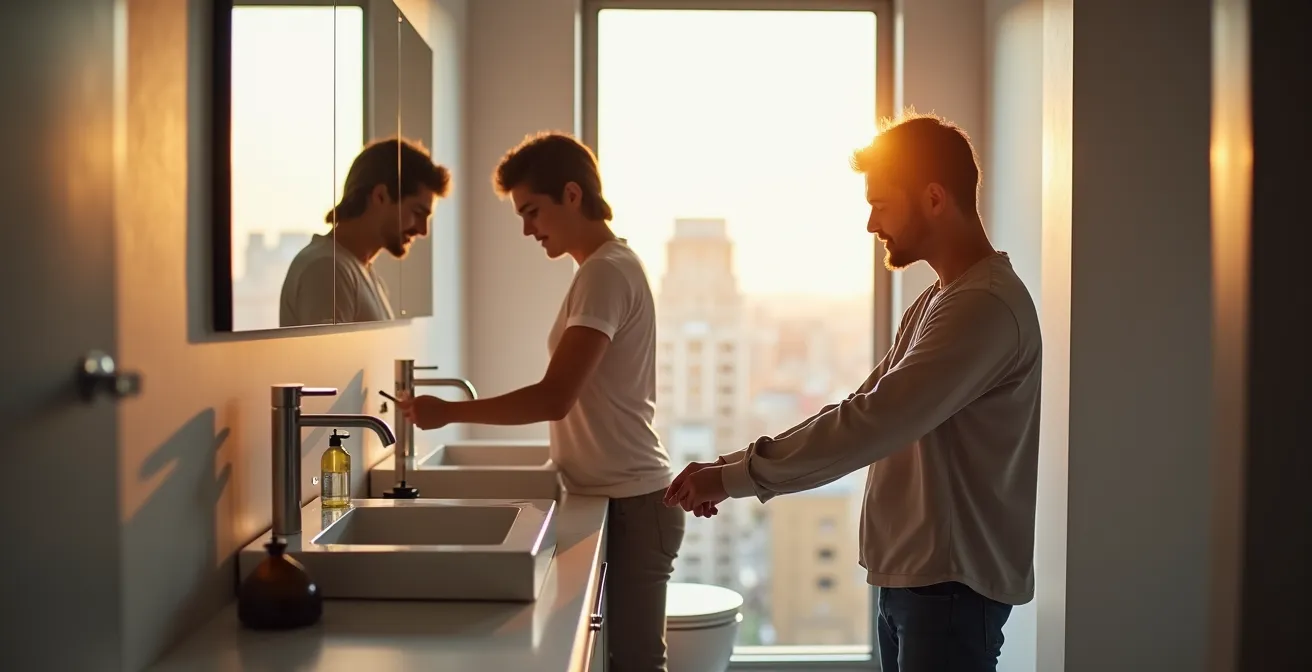 Un couple de tailles différentes utilisant avec confort une vanité suspendue installée à une hauteur ergonomique.
