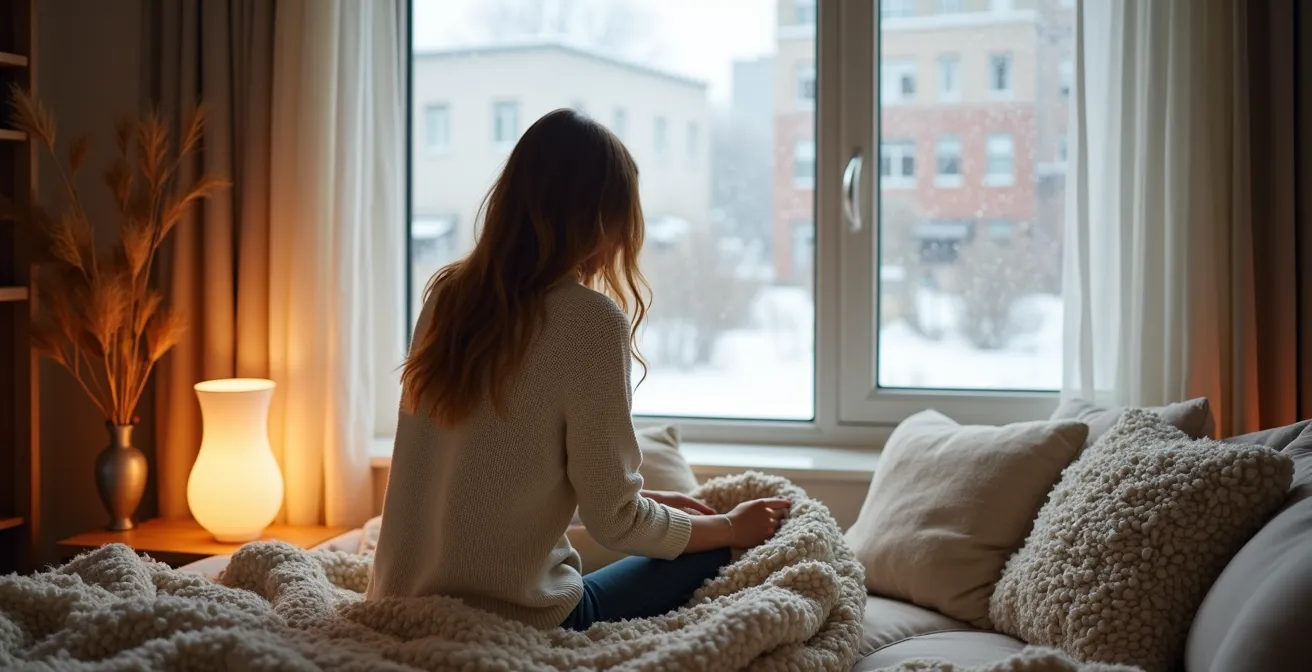 Intérieur lumineux d'un condo montréalais en hiver avec éclairage chaleureux et textures douillettes