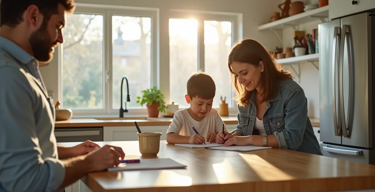 Famille québécoise autour d'un îlot à deux niveaux dans une cuisine moderne
