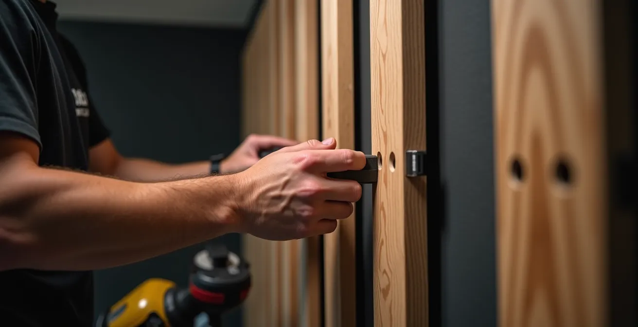 Gros plan sur l'installation de lattes de bois verticales sur un mur noir avec éclairage LED intégré