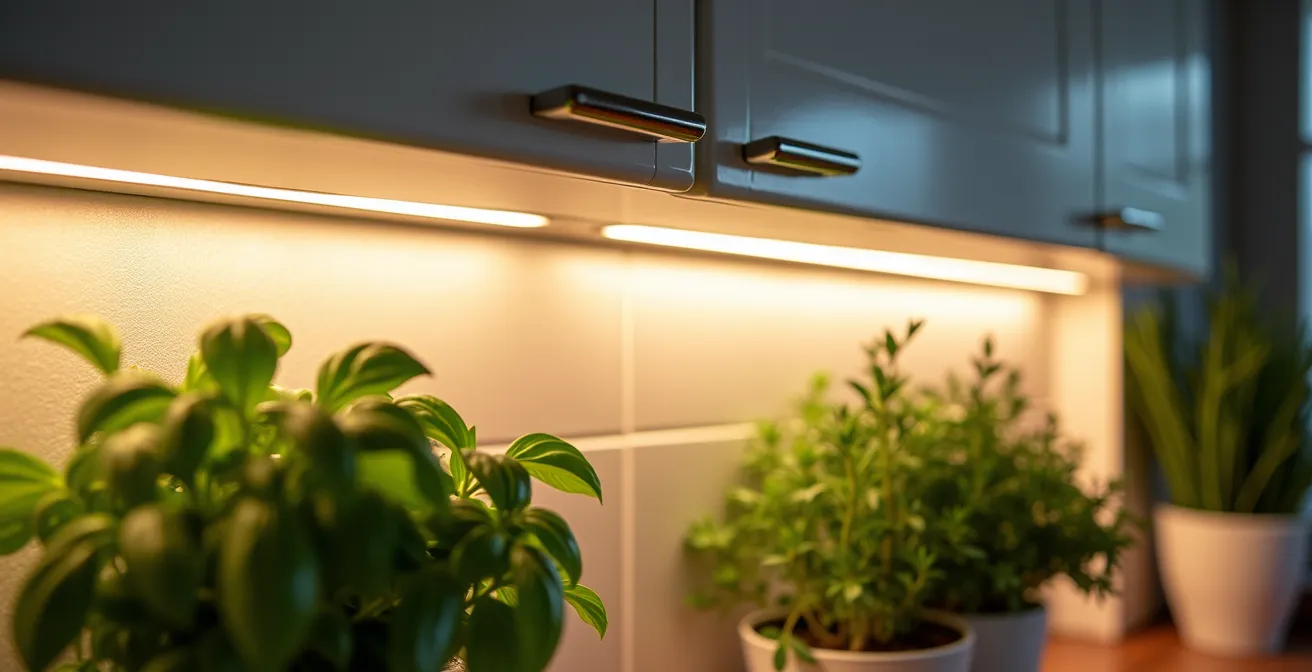 Installation élégante de rubans LED blancs sous les armoires de cuisine éclairant des herbes aromatiques