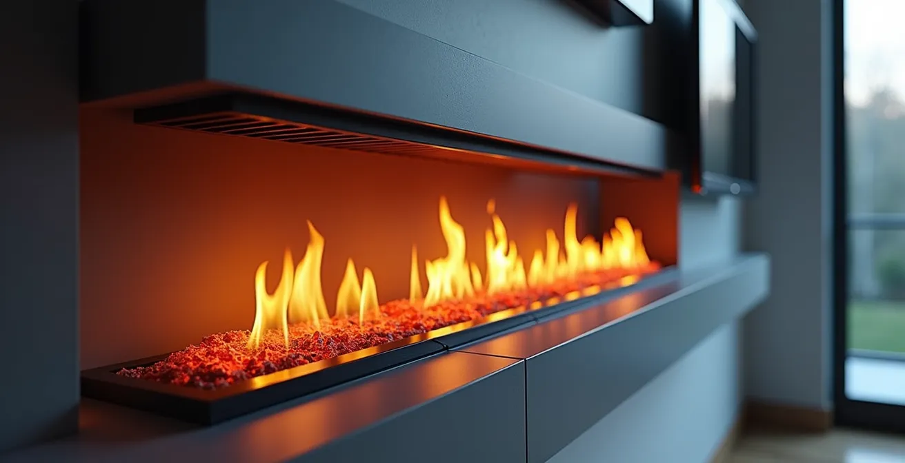 Configuration moderne d'un téléviseur installé au-dessus d'un foyer au gaz avec système de protection thermique