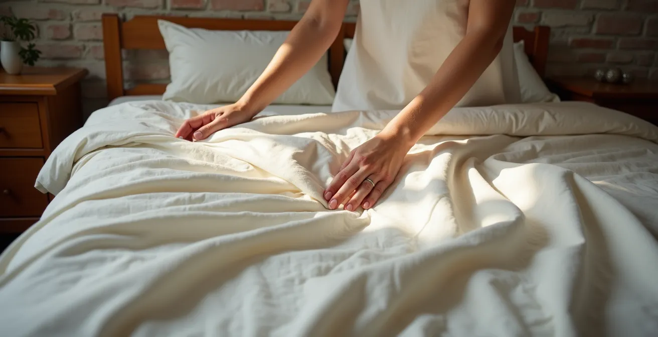 Chambre montréalaise avec lit en lin arrangé façon décontractée-chic