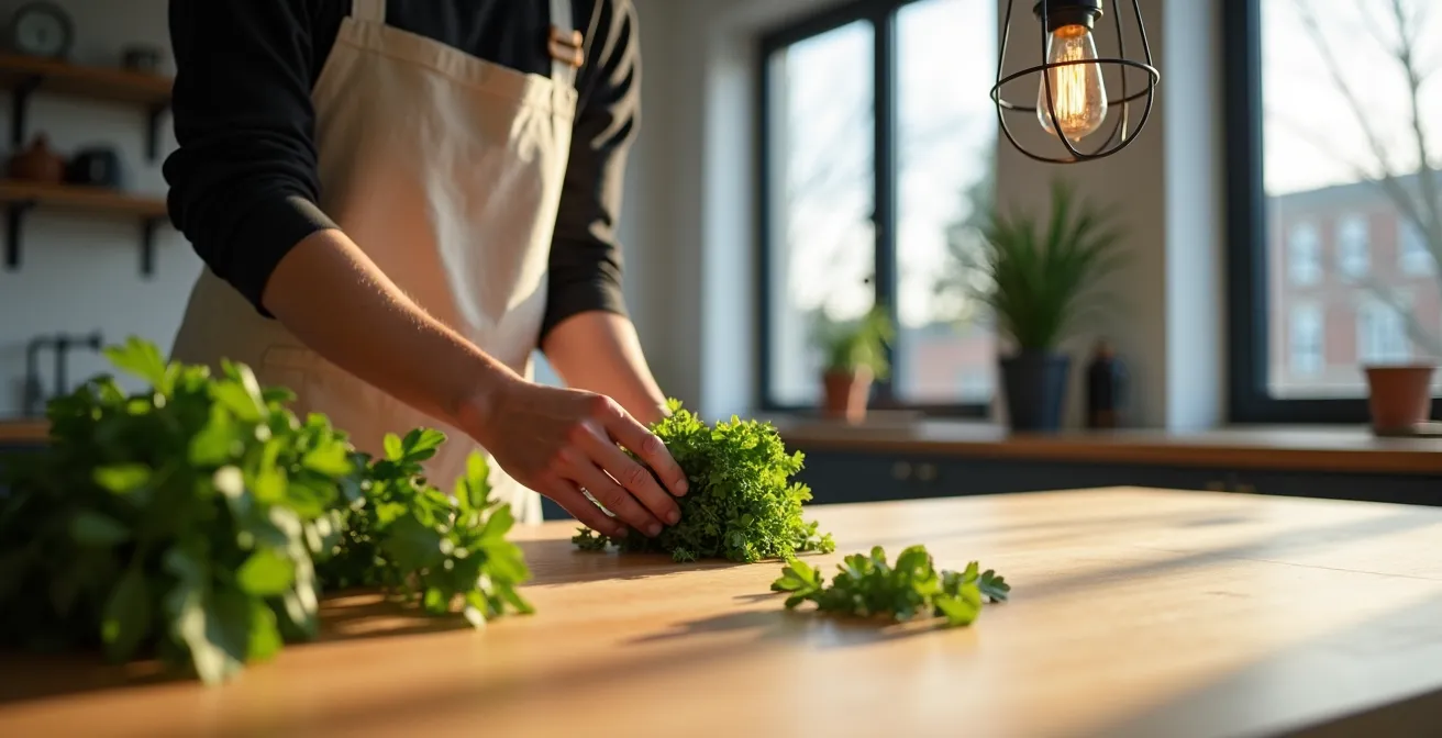 Luminaires industriels fins suspendus au-dessus d'un îlot de cuisine dans un espace ouvert typique montréalais