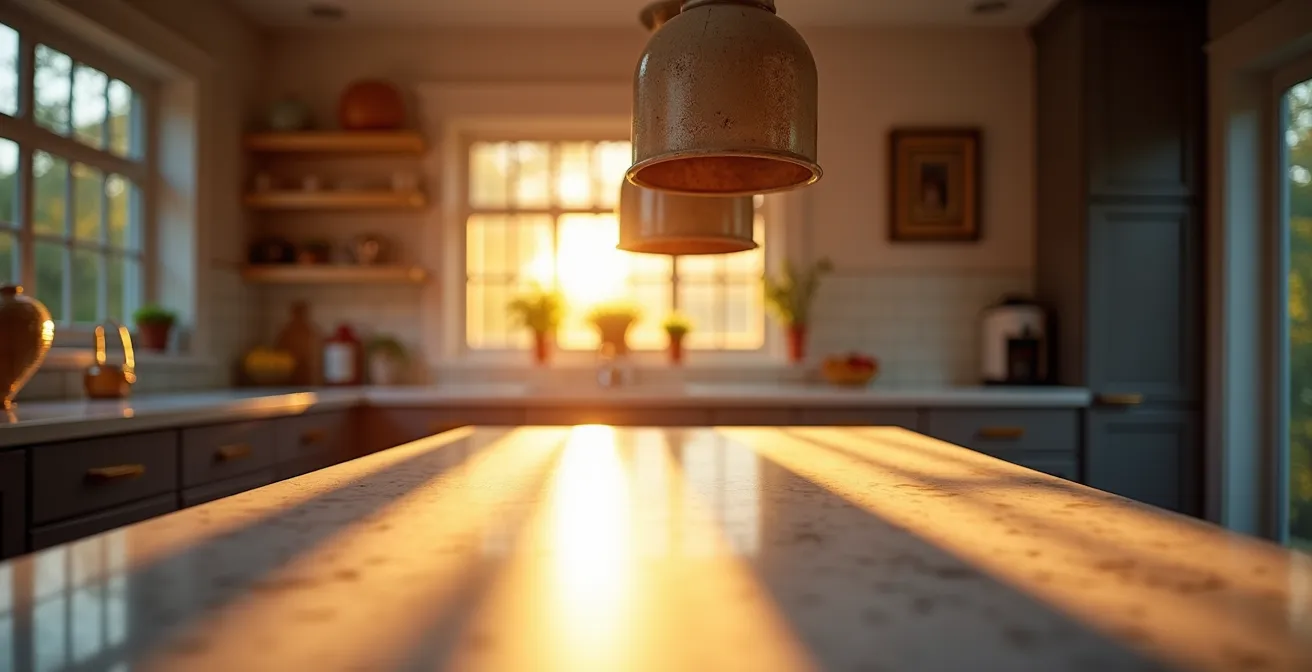 Trois luminaires suspendus design québécois au-dessus d'un îlot central