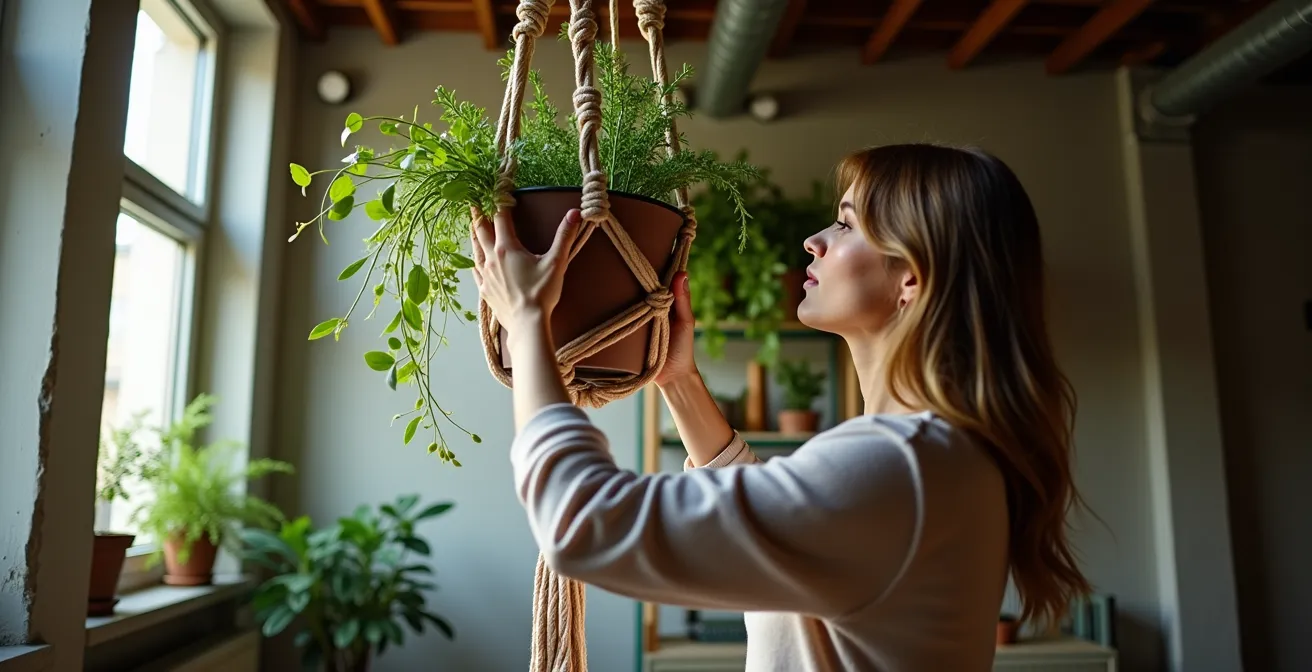 Plantes suspendues en macramé créant un rideau végétal devant une fenêtre d'appartement montréalais