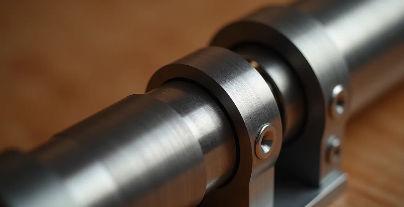 Gros plan sur mécanisme hydraulique chromé de table relevable en action