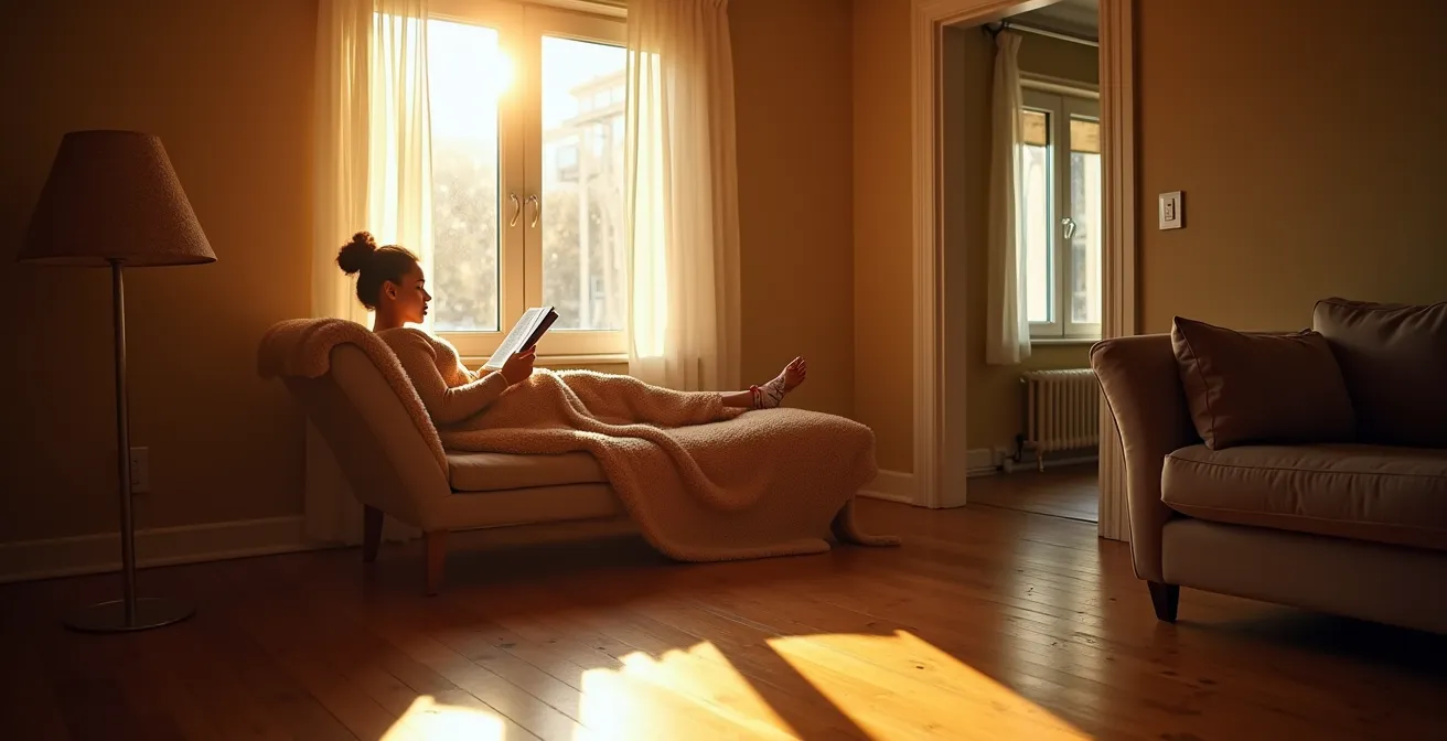 Salon avec méridienne positionnée pour optimiser la lumière naturelle hivernale