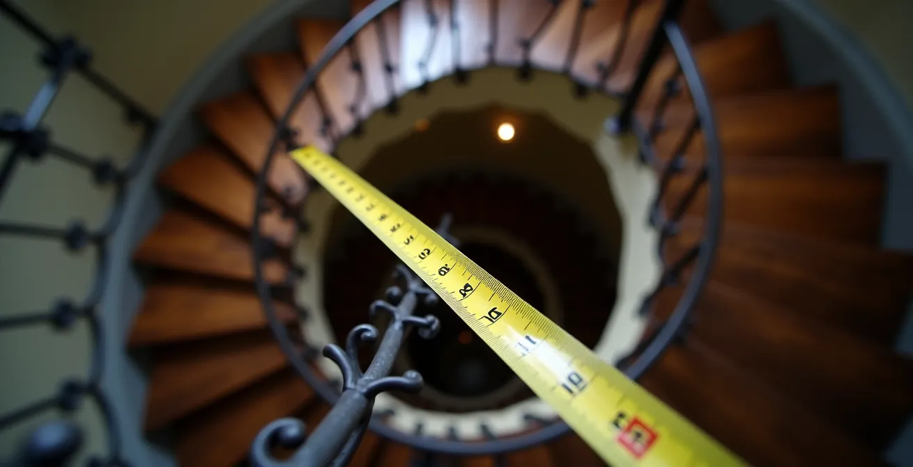 Vue en coupe d'un escalier typique montréalais avec points de mesure critiques pour livraison de meubles