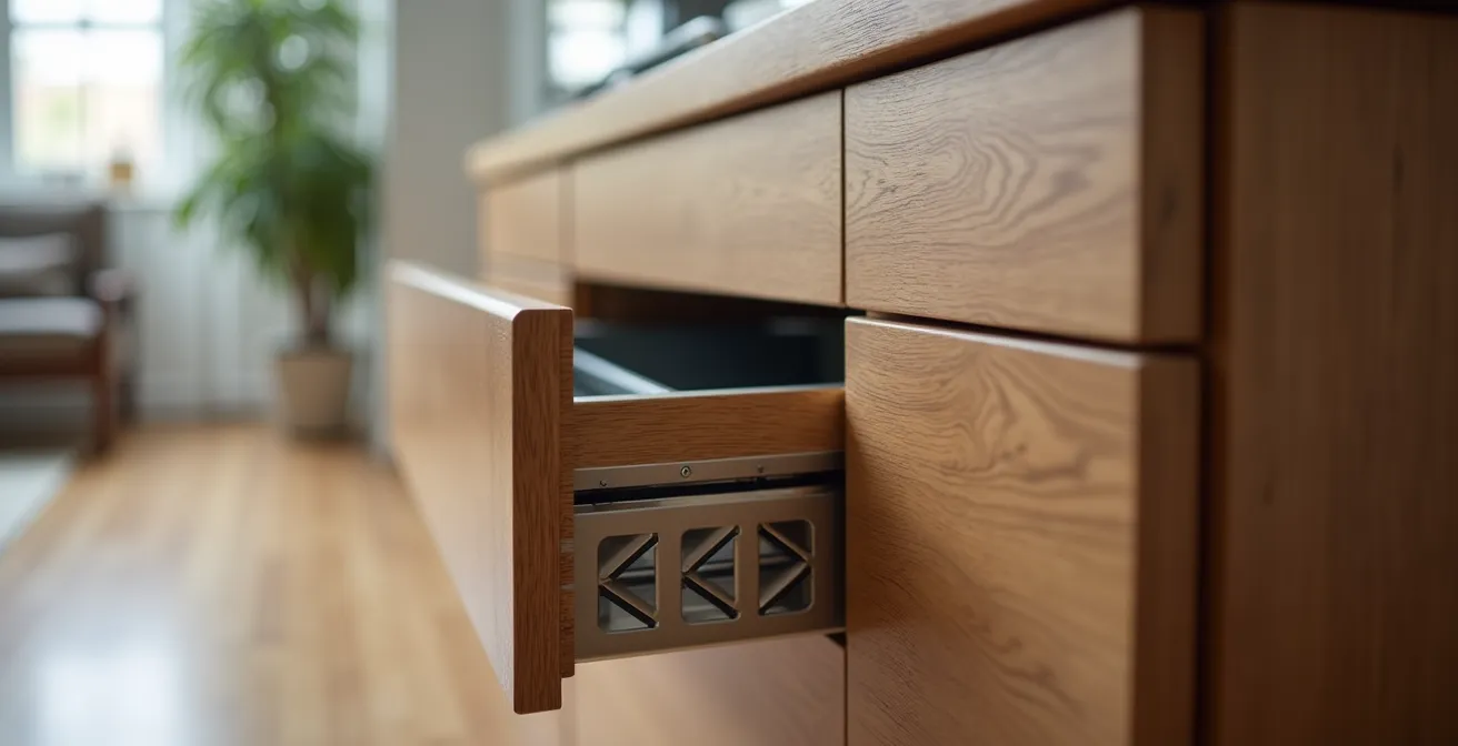 Meuble moderne avec tiroir coulissant dissimulant un espace pour litière de chat, ventilation intégrée visible sur le côté