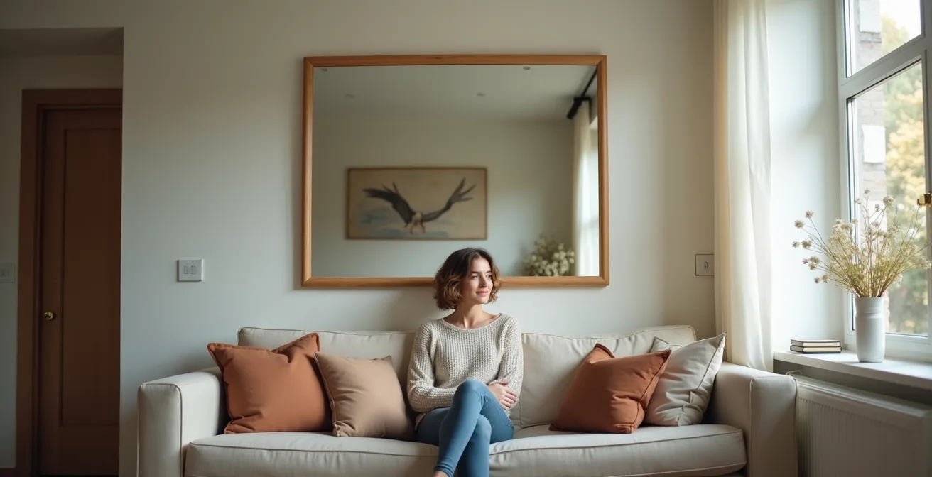 Miroir positionné au-dessus d'un canapé à la hauteur optimale