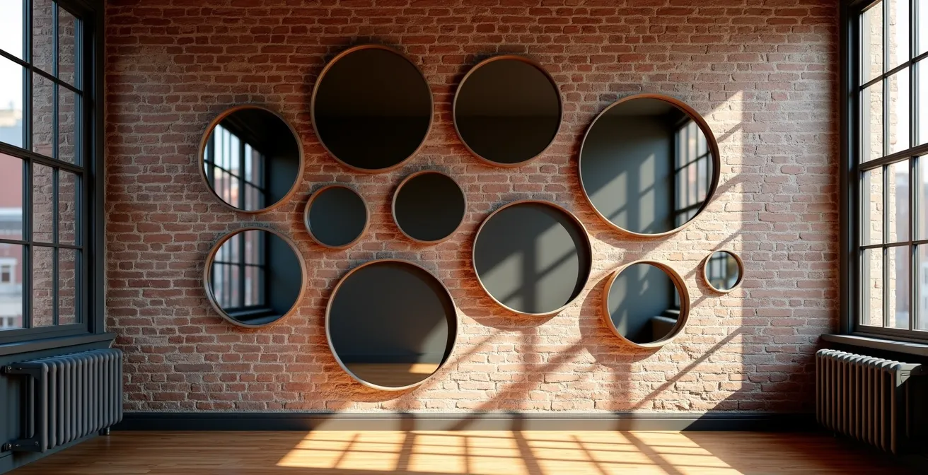 Composition de miroirs ronds et ovales sur mur dans un intérieur montréalais