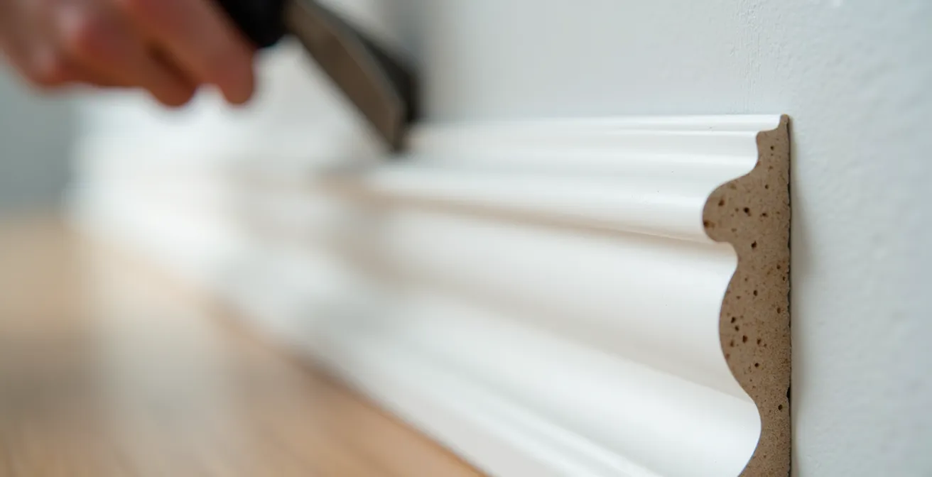 Installation de moulures décoratives sur un mur de gypse dans un condo montréalais