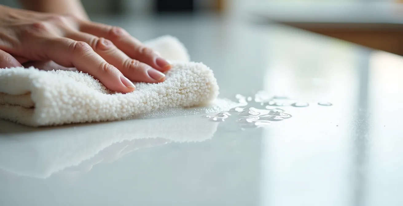 Gros plan sur le nettoyage d'une tache sur un comptoir de quartz blanc