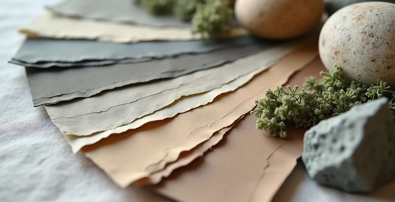 Échantillons de couleurs minérales inspirées de la géologie montréalaise disposés sur une surface texturée