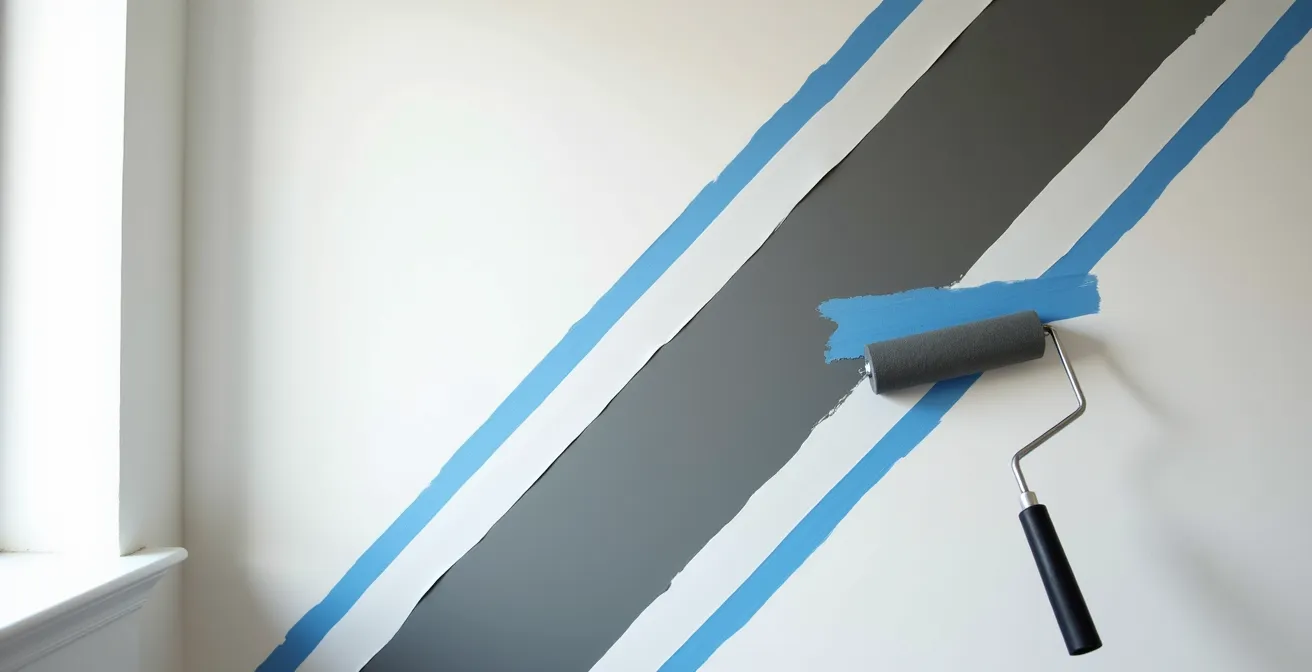 Application de peinture géométrique sur un mur avec des formes angulaires créant une illusion d'espace