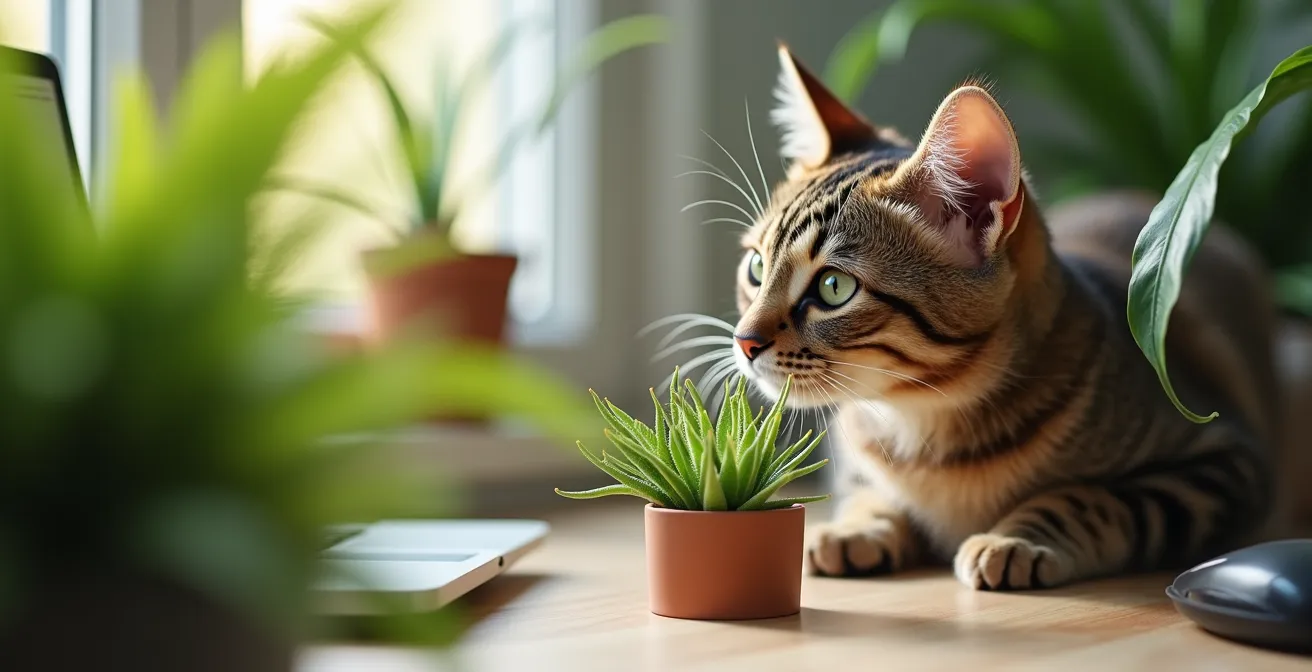 Chat curieux près de plantes non toxiques dans un bureau lumineux