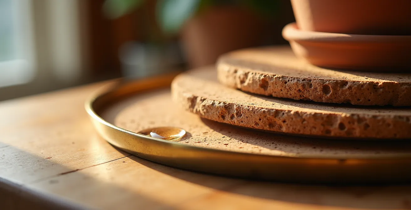 Arrangement de cache-pots avec différentes solutions de protection pour meubles en bois