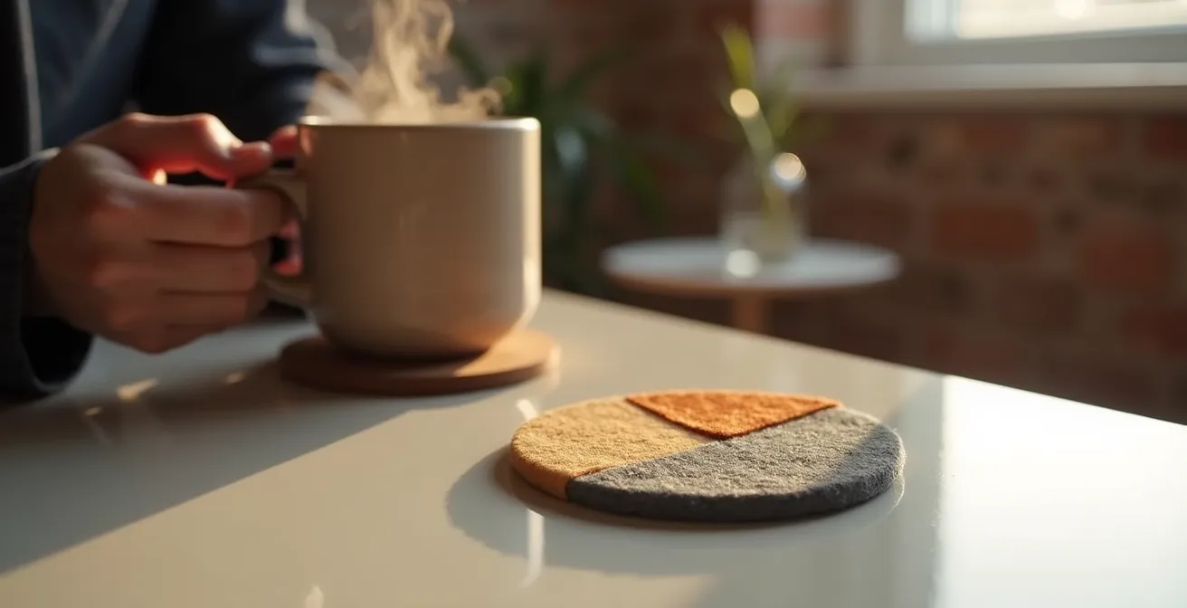 Ensemble de sous-verres artisanaux en feutre et bois sur table basse laquée